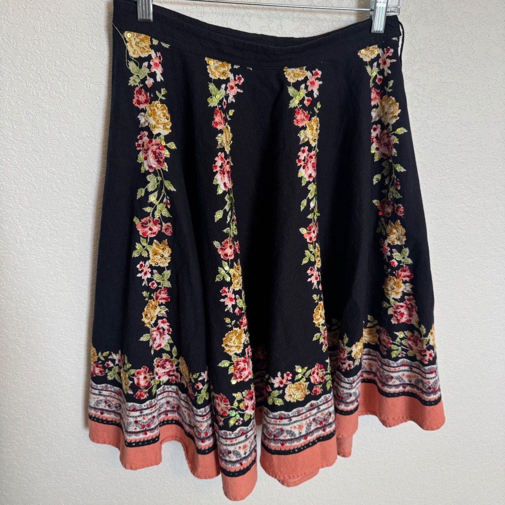 Vintage Cottagecore Boho Lux Floral Sequin Beaded Midi Skirt Small Black
